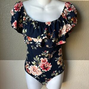 Poly & Esther Women’s Medium Bodysuit Floral Off Shoulder Ruffle Navy Blue